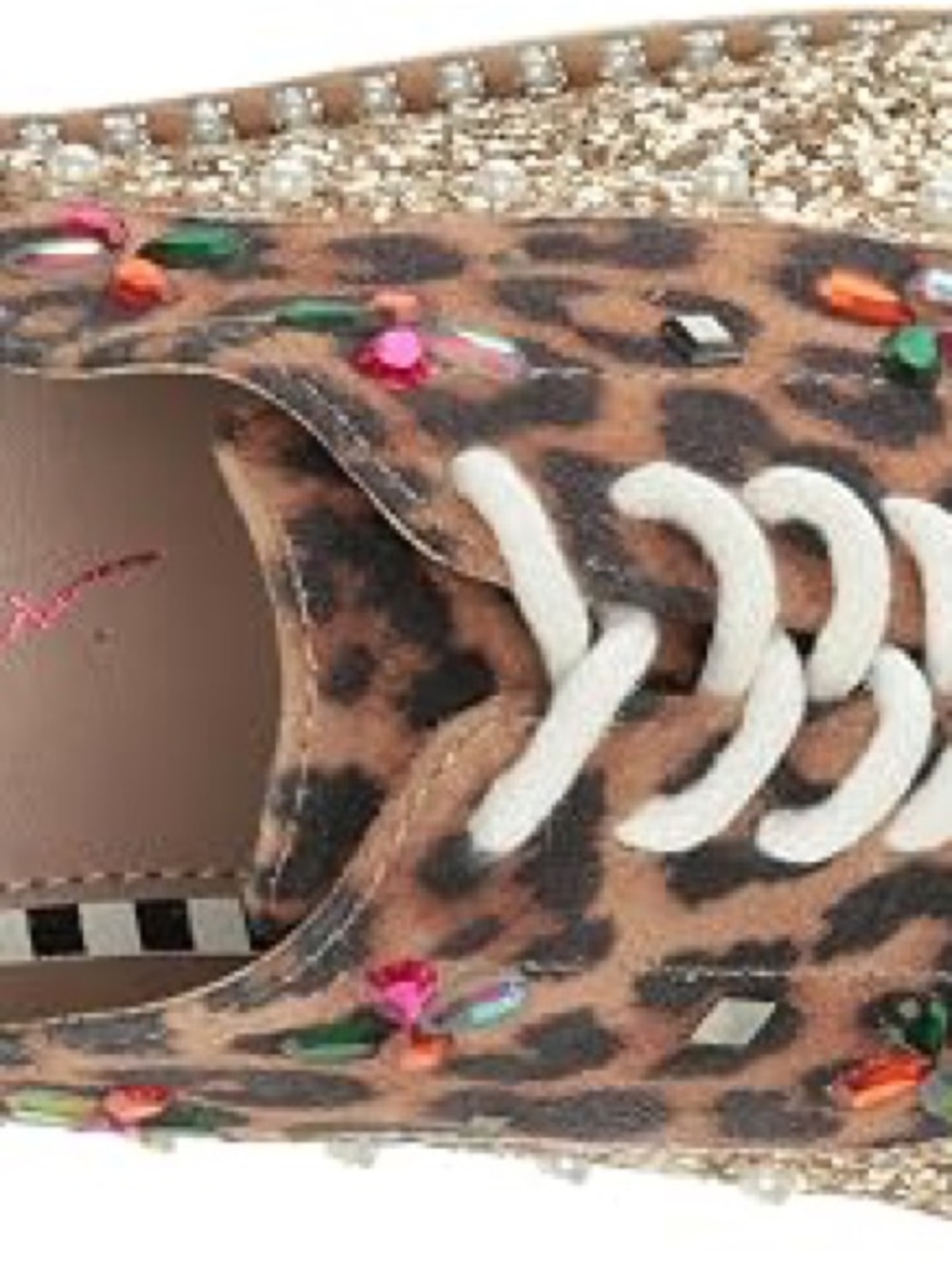 Betsey Johnson Gold Glitter Leopard Platform Sneaker with Multicolor Gem Flowers - Picture 7 of 16